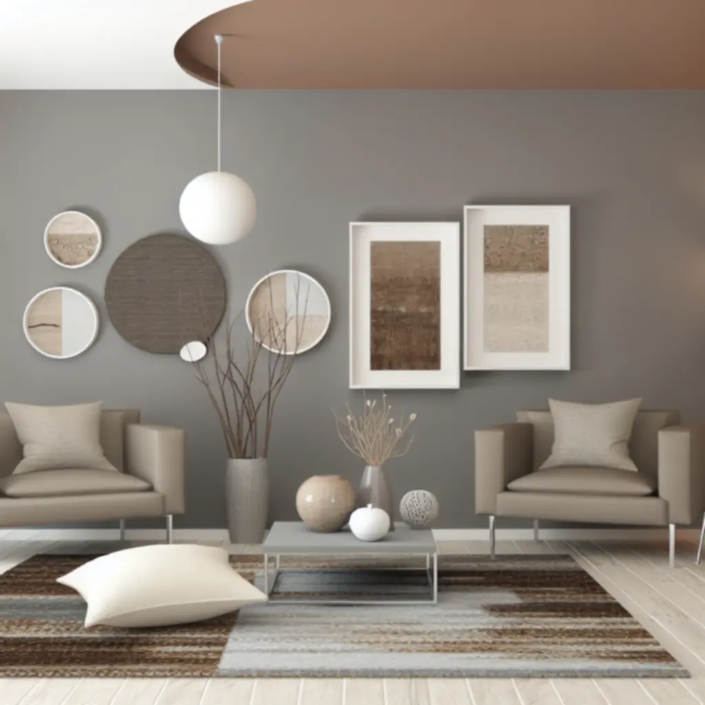 Nowoczesny, neutralny salon z modnymi dekoracjami